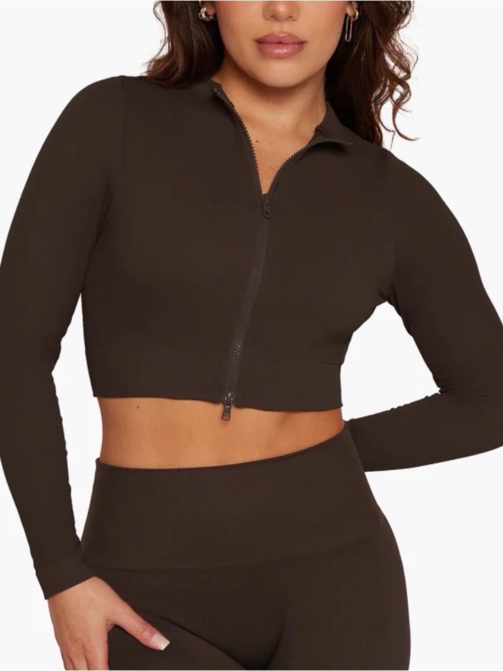 Set Active Brown Crop Zip Up Medium